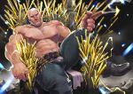  bara bare_pectorals benoit bulge cigar facial_hair final_fantasy final_fantasy_xvi green_eyes hairy highres hugo_kupka large_pectorals mature_male muscular muscular_male pectorals sitting thick_thighs thighs topless_male white_hair 