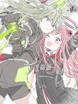  2girls animal_ears arm_up black_gloves close_game/offline_(project_sekai) closed_mouth fake_animal_ears gloves green_hair halo hand_on_another&#039;s_waist highres holding holding_weapon kaesmedubu kusanagi_nene long_hair looking_at_viewer mechanical_halo multiple_girls official_alternate_costume official_alternate_hair_length official_alternate_hairstyle one_eye_closed ootori_emu open_mouth pink_eyes pink_hair project_sekai purple_eyes shorts weapon 