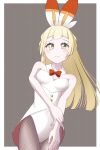  1girl animal_ears bare_shoulders blonde_hair blunt_bangs blush bow bowtie breasts brown_background cosplay detached_collar fishnet_pantyhose fishnets green_eyes hand_on_own_arm highres leotard light_frown lillie_(pokemon) long_hair looking_at_viewer nemunemu_0826 nervous pantyhose playboy_bunny pokemon pokemon_(game) pokemon_sm rabbit_ears scorbunny scorbunny_(cosplay) strapless strapless_leotard white_leotard 