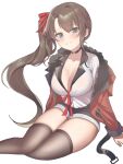  1girl black_choker black_shorts blue_eyes breasts brown_hair brown_thighhighs buttons choker cleavage closed_mouth collared_shirt commission dress_shirt female_commander_(girls&#039;_frontline) fur_trim girls&#039;_frontline hair_ribbon highres jacket large_breasts long_sleeves micro_shorts off_shoulder open_clothes open_jacket phago red_jacket red_ribbon ribbon shirt shirt_tucked_in shorts side_ponytail sidelocks simple_background sitting smile solo termichan_(not-a-bot) thick_thighs thighhighs thighs white_background white_shirt yokozuwari 