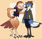  anthro avian barn_owl beak bird blue_body blue_jay blush blush_lines clothed clothing corvid digital_media_(artwork) duo feathers female flustered hi_res jacket james_(bluepegasi) jay_(bird) kofeeo male male/female masked_owl miya_(bluepegasi) new_world_jay one_eye_closed open_mouth oscine owl passerine ruffling_hair simple_background size_difference smile topwear tytonid vest winged_arms wings wink 