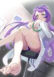  1girl absurdres bandaid bandaid_on_leg barefoot blurry blurry_foreground breasts calendar_(object) coat crossed_legs garabato_choi green_eyes highres indoors lab_coat large_breasts long_hair long_sleeves miriam_(pokemon) multicolored_hair open_clothes open_coat panties pokemon pokemon_(game) pokemon_sv purple_hair purple_panties sitting smile stethoscope two-tone_hair underwear very_long_hair yellow_nails 