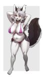  2023 absurd_res ahoge anthro big_breasts bikini black_nose bodily_fluids breasts canid canid_demon clothing colored demon digital_media_(artwork) female fur grey_body grey_fur grey_hair hair hands_behind_head hellhound helluva_boss hi_res high-angle_view long_hair looking_at_viewer loona_(helluva_boss) love_handles mammal monotone_hair multicolored_body multicolored_fur navel nipple_outline pgm300 red_sclera shaded simple_background skindentation slightly_chubby snaggle_tooth solo standing sweat sweatdrop swimwear two_tone_body two_tone_fur under_boob white_body white_eyes white_fur wide_hips 