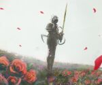  1other armor byte_(grunty-hag1) day field flower flower_field fog full_armor full_body helmet holding holding_sword holding_weapon knight original outdoors overcast petals plate_armor red_flower rose rose_petals sky solo standing sword weapon 