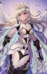  1girl armor black_leotard breasts bubble cape cleavage corrin_(female)_(fire_emblem) corrin_(female)_(silent_bloodline)_(fire_emblem) corrin_(fire_emblem) cowboy_shot crown doiparuni fire_emblem fire_emblem_fates fire_emblem_heroes frills gloves grey_hair hair_between_eyes hair_ornament highres jewelry lace_thighhighs large_breasts leotard long_hair looking_at_viewer official_alternate_costume pointy_ears red_eyes see-through shoulder_armor simple_background smile solo 