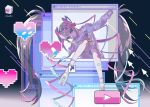  1girl absurdres arm_up blue_bow blue_eyes blue_hair bow chouzetsusaikawa_tenshi-chan cursor full_body grey_hair hair_bow hair_ornament heart heart_hair_ornament highres holographic_clothing icon_(computing) long_hair long_sleeves looking_at_viewer multiple_hair_bows needy_girl_overdose open_mouth pill pin pink_bow pink_hair platform_footwear pleated_skirt purple_bow quad_tails recycle_bin sailor_collar school_uniform serafuku shikimi_(yurakuru) sitting skirt smile solo very_long_hair window_(computing) 