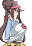  1girl absurdres black_pantyhose blue_eyes blush breasts brown_hair commentary doughnut_hair_bun hair_bun highres large_breasts long_hair long_sleeves makochan42 midriff_peek open_mouth pantyhose pantyhose_under_shorts pokemon pokemon_(game) pokemon_bw2 raglan_sleeves rosa_(pokemon) shirt short_shorts shorts simple_background solo thighs twintails visor_cap yellow_shorts 