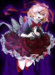  1girl alt_text black_shirt blue_eyes commentary flower full_body hair_ribbon highres holding holding_flower lily_of_the_valley medicine_melancholy open_mouth red_footwear red_ribbon ribbon ribbon-trimmed_skirt ribbon_trim shirt short_sleeves solo teeth touhou upper_teeth_only vivo_(vivo_sun_0222) white_flower 
