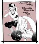  2girls animal_ears animal_nose artist_name bare_shoulders baseball_cap blush body_fur boots border breasts closed_mouth collarbone commentary_request copyright_name cross-laced_footwear dated dumbbell english_text exercise female_protagonist_(pokemon_go) flat_chest friend_code furry furry_female gloves greyscale_with_colored_background hands_up hat highres holding holding_dumbbell interlocked_fingers knee_pads leaning_forward leggings long_hair looking_at_another looking_down looking_to_the_side lopunny medium_breasts midriff monochrome multiple_girls navel origami_(zoukibayashi) own_hands_together parted_lips pointy_ears poke_ball_symbol pokemon pokemon_(creature) pokemon_(game) pokemon_go ponytail rabbit_ears rabbit_girl rabbit_tail red_background sharp_teeth sidelocks signature simple_background single_glove sketch sports_bra squatting standing steam steaming_body sweat tail teeth thick_thighs thighs white_border 