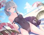 1girl absurdres animal_ears beach blue_archive blue_eyes blush breasts daidai_(daidai826) grey_hair halo highres looking_at_viewer official_alternate_costume one-piece_swimsuit shiroko_(blue_archive) short_hair sitting solo strap_slip swimsuit thighs wariza 