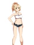  1girl bandeau bare_arms bare_legs bare_shoulders belt black_belt blonde_hair breasts camisole cleavage commentary_request cutoffs denim denim_shorts diarss fate/apocrypha fate_(series) feet_out_of_frame green_eyes hand_on_own_hip highres jewelry looking_at_viewer medium_breasts micro_shorts midriff mordred_(fate) mordred_(fate/apocrypha) navel pendant ponytail shorts simple_background solo spaghetti_strap standing stomach thighs white_background 