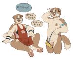  2023 absurd_res anthro areola belly bulge canid canine canis claws domestic_dog enokorogusa2 foreskin fur genitals hi_res male mammal pawpads penis simple_background slightly_chubby solo speech_bubble wrestling_outfit 