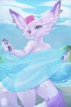  2023 anthro beach blizzard_entertainment blue_eyes canid canine digital_media_(artwork) ear_piercing ear_ring female fennec flower fox fur hi_res long_ears long_tail looking_at_viewer mammal mountain one_eye_closed outside pawpads piercing plant rin_tyan ring_piercing rose_(flower) seaside shaded simple_background sky smile solo solo_focus tail teeth towel tuft vulpera warcraft water white_body white_fur wink 