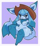  3_toes anthro belly big_belly big_breasts blue_arms blue_body blue_breasts blue_ear_tips blue_ears blue_fur blue_inner_ear blue_legs blue_scarf blush border breasts brown_clothing brown_hat brown_headwear chubby_female clothing detailed_background eeveelution featureless_breasts featureless_crotch feet female fur generation_4_pokemon glaceon hat headgear headwear lilevilcreature male_(lore) mickeon mostly_nude nintendo outline pokemon pokemon_(species) purple_background scarf simple_background smile solo toes white_border white_outline 