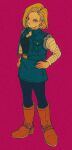  1girl android_18 annoyed belt blonde_hair blue_skirt boots breasts dragon_ball dragon_ball_z earrings full_body jewelry pikurusu pink_background short_hair simple_background skirt solo standing 