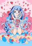  1girl absurdres blue_dress blue_eyes blue_hair blue_theme cup dress drinking_straw frilled_dress frills hands_up heart highres meyoco multicolored_hair original outline parted_lips pink_background pink_theme ramune short_sleeves solo upper_body white_outline 