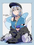  1girl black_eyes black_footwear black_headwear blue_background blue_shirt copyright_request grey_background hat highres kichihachi looking_to_the_side shirt shoes short_hair sitting sneakers solo tail twitter_username two-tone_background white_hair 