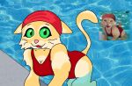  anthro blonde_hair clothing domestic_cat ears_back felid feline felis female green_eyes hair happy mammal one-piece_swimsuit partially_submerged pivoted_ears solo swimming_pool swimwear tight_clothing wet 