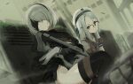  2b_(nier:automata) 2girls black_blindfold black_hairband blindfold blue_sailor_collar breasts brown_gloves cleavage closed_mouth crossover glasses gloves goddess_of_victory:_nikke green_eyes grey_hair gun hairband hat highres holding holding_gun holding_weapon juliet_sleeves korean_commentary leotard long_hair long_sleeves medium_breasts mole mole_under_mouth multiple_girls neon_(nikke) nier:automata nier_(series) outdoors puffy_sleeves red-framed_eyewear sailor_collar short_hair syhan thighhighs weapon 