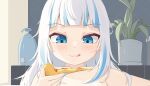  1girl ahoge bath bathing bathtub blue_eyes blue_hair blue_nails closed_mouth food gawr_gura holding holding_food holding_pizza hololive hololive_english indoors long_hair multicolored_hair nude partially_submerged pizza pizza_slice plant shark_girl solo streaked_hair tenroy tongue tongue_out virtual_youtuber white_hair 