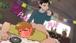  2boys ahegao anal ass black_hair blush bottomless bouncing_ass clenched_teeth closed_eyes cocktail_glass couple cup doggystyle drinking drinking_glass from_below full-face_blush furrowed_brow highres indoors light_brown_hair lying male_focus multiple_boys on_stomach scott_pilgrim_(series) scott_pilgrim_takes_off sex short_hair sound_effects teeth thick_eyebrows todd_ingram toon_(style) trembling u_u vvulfbara wallace_wells yaoi 