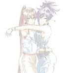  2girls alternate_costume arms_around_neck bare_shoulders belt bracelet breasts brown_eyes brown_hair closed_mouth earrings hair_between_eyes hand_around_waist highres jewelry jigokuraku long_hair looking_at_viewer medium_breasts mitsugu multiple_girls one_eye_closed ponytail purple_hair sidelocks simple_background smile standing white_background yamada_asaemon_sagiri yuzuriha_(jigokuraku) 