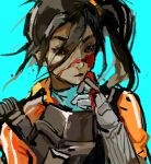  1girl animification anmiboer apex_legends blood blood_on_face blood_on_hands blue_eyes blue_shirt brown_hair chest_harness chinese_commentary dark-skinned_female dark_skin floating_hair gloves grey_gloves harness highres jacket looking_to_the_side orange_jacket portrait rampart_(apex_legends) shirt solo v-shaped_eyebrows wide_ponytail 