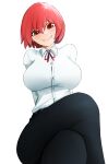  black_pants borrowed_character breasts buttons carla_carmilla_(rariatto) crossed_legs english_commentary fangs hidden-nickx highres large_breasts looking_at_viewer original pants red_eyes red_hair shirt sitting smile vampire white_shirt 