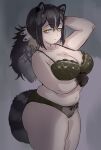  1girl animal_ear_fluff animal_ears animal_hands arknights ass ass_freckles belly black_hair body_freckles bow bow_panties bra breasts cleavage female_pubic_hair freckles green_bra green_panties highres huge_ass large_breasts lingerie muffin_top navel panties plump ponytail poy pubic_hair raccoon_ears raccoon_girl raccoon_tail robin_(arknights) see-through solo tail thick_arms thick_thighs thighs underwear underwear_only wide_hips yellow_eyes 