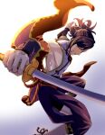  1boy black_pants commentary_request fire_emblem fire_emblem_engage gradient_background holding holding_sword holding_weapon kagetsu_(fire_emblem) looking_at_viewer male_focus meegon01 pants pectoral_cleavage pectorals ponytail side_slit simple_background smile solo sword teeth weapon white_background yellow_eyes 