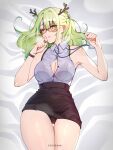  1girl absurdres antlers bare_shoulders bed bed_sheet black_bra black_panties black_skirt blush bra bra_strap bra_visible_through_clothes breasts ceres_fauna cleavage cleavage_cutout clothing_cutout collared_shirt glasses green_hair high-waist_skirt highres holocouncil hololive hololive_english id_card keisea lanyard large_breasts long_hair looking_at_viewer lying off-shoulder_shirt off_shoulder office_lady on_back on_bed open_mouth panties pencil_skirt qilin_(mythology) salaryman shirt shirt_tucked_in skirt skirt_rolled_up sleeveless sleeveless_shirt solo thick_thighs thigh_gap thighs twitter_username underwear virtual_youtuber watch white_shirt wristwatch yellow_eyes 