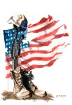  american_flag artist_name assault_rifle battlefield_cross boots brown_headwear camouflage camouflage_headwear chin_strap clothes_only combat_boots combat_helmet commentary cross-laced_footwear desert_camouflage dog_tags english_commentary flag gun helmet highres lace-up_boots m4_carbine michael_linman military no_humans original painting_(medium) patriotism red_stripes rifle simple_background star_(symbol) still_life torn_flag traditional_media united_states watercolor_(medium) weapon white_background white_stripes 