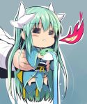  =_= blush breathing_fire chibi fate/grand_order fate_(series) fire green_hair held_up horns japanese_clothes kimono kiyohime_(fate) long_hair multiple_horns parted_lips sash sen_(astronomy) simple_background triangle_mouth 