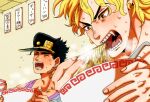  2boys black_hair blonde_hair bowl chopsticks closed_eyes commentary_request dio_brando earrings eating fangs food hat jewelry jojo_no_kimyou_na_bouken kujo_jotaro male_focus mugicha_(zoro1132) multiple_boys noodles pink_tank_top scar scar_on_neck spoon stardust_crusaders steam sweat tank_top translation_request v-shaped_eyebrows yellow_eyes 