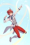  1boy absurdres ahoge arsloid ascot bandage_on_face bandages behind-the-head_headphones collared_shirt full_body headphones highres jumping lapels long_coat male_focus nifffi one_eye_closed pants pointing red_eyes red_hair red_pants shirt smile solo vocaloid white_footwear 