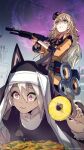  +_+ 2girls :3 animal_ear_headwear blonde_hair commentary_request fabarm_sat-8 food fruit girls&#039;_frontline gloves green_eyes gun habit hair_between_eyes hat highres holding holding_gun holding_tongs holding_weapon italian_flag_print jewelry messy_hair mineta_naoki multiple_girls necklace nervous nun orange_gloves p7_(girls&#039;_frontline) pineapple pineapple_slice pizza purple_eyes s.a.t.8_(girls&#039;_frontline) shield_module shotgun sweat tongs twitter_username weapon white_hair 