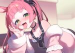  1girl :d absurdres animal_ears blush breasts choker detached_sleeves fellatio_gesture green_eyes highres kemomimi_refle! looking_at_viewer pink_hair rabbit_ears smile solo sutora_binsuke teeth tongue tongue_out twintails uno_sakura virtual_youtuber 