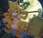  1girl animal_feet animal_hands anus bell blonde_hair blurry blurry_background blush bottomless breasts censored commentary_request commission dutch_angle fox_girl fox_hat full_body full_moon futanari grin hair_between_eyes halterneck heart heart_censor highres holding holding_staff looking_at_viewer medium_bangs moon moonlight_flower mosaic_censoring navel nezu_mickey night penis ragnarok_online red_eyes short_hair skeb_commission small_breasts smile solo squatting staff tree 