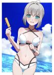  1girl artist_request bikini blue_eyes blush breasts cloud cloudy_sky fate_(series) food gray_(fate) grey_hair lord_el-melloi_ii_case_files navel ocean popsicle short_hair sky small_breasts solo swimsuit tagme water white_bikini 