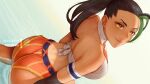  1girl armlet ass bare_shoulders black_hair body_freckles breasts closed_mouth freckles from_behind green_hair large_breasts lips long_hair looking_at_viewer looking_back micro_shorts mystra77 nemona_(pokemon) pokemon pokemon_(game) pokemon_sv shorts solo water 
