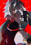  1boy ahoge alhaitham_(genshin_impact) black_shirt bridal_gauntlets facing_to_the_side genshin_impact grey_hair headphones highres koooootaaaaaaa3 looking_at_viewer male_focus official_alternate_eye_color red_background red_eyes shirt short_hair solo turtleneck 