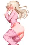  1girl ass blonde_hair blush breasts closed_eyes clothes_pull fate/kaleid_liner_prisma_illya fate_(series) hair_between_eyes highres illyasviel_von_einzbern long_hair long_sleeves lying no_panties on_side open_mouth pajamas pants pants_pull pink_pants pink_shirt shirt sidelocks sleeping small_breasts solo thighs zirba 