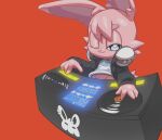  2023 anthro big_ears black_clothing black_jacket black_topwear blue_eyes bottomless cheek_tuft clothed clothing disc_jockey ear_tuft eyebrows facial_tuft featureless_crotch half-closed_eyes head_tuft headphones inner_ear_fluff is_(artist) jacket lagomorph leporid male mammal mere_notilde_(character) narrowed_eyes one_eye_closed rabbit red_background shirt simple_background solo topwear tuft vinyl_record white_clothing white_shirt white_topwear 