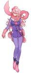 1girl archived_source ascot bag beret breasts closed_eyes closed_mouth floating_scarf gloves hair_between_eyes handbag hat katagiri_hachigou long_hair long_sleeves medium_breasts musharna pantyhose personification pink_ascot pink_bag pink_gloves pink_hair pink_headwear pink_scarf pokemon purple_pantyhose scarf simple_background solo white_background 