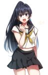  1girl 2023 :d alternate_costume black_hair black_sailor_collar black_skirt commentary_request cowboy_shot fighter_(goblin_slayer!) goblin_slayer! grey_eyes hand_up highres kankitukou looking_at_viewer midriff_peek neckerchief ponytail sailor_collar school_uniform serafuku signature simple_background skirt smile solo white_background white_serafuku yellow_neckerchief 