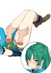  1girl bare_shoulders boots brown_footwear english_commentary fire_emblem fire_emblem:_the_blazing_blade green_hair grey_eyes high_ponytail highres igni_tion leather leather_boots lyn_(fire_emblem) thigh_grab 