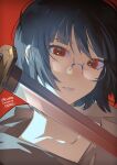  1girl absurdres black_hair choppy_bangs collarbone dated durarara!! eromkk eyelashes glasses grey_hoodie highres hood hoodie looking_at_viewer red_background red_eyes short_hair signature solo sonohara_anri sword teeth twitter_username upper_body weapon 