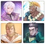  4boys bara beard character_request dark-skinned_male dark_skin facial_hair fake_horns fire_emblem fire_emblem:_three_houses flower flower_necklace frown goatee green_armor highres horned_headwear horns ina_zuma jeralt_reus_eisner large_pectorals male_focus mature_male multicolored_hair multiple_boys multiple_drawing_challenge official_alternate_costume pectorals portrait short_hair sideburns thick_eyebrows two-tone_hair white_hair wrinkled_skin 