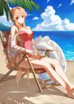  1girl azur_lane beach blonde_hair casual_one-piece_swimsuit chair folding_chair highleg highleg_swimsuit highres innertube long_hair long_sleeves looking_at_viewer official_alternate_costume one-piece_swimsuit palm_tree purple_eyes qingjian richelieu_(azur_lane) richelieu_(fleuron_of_the_waves)_(azur_lane) see-through see-through_sleeves swimsuit tree 