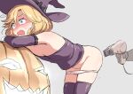  1girl 1other bent_over black_bow blonde_hair blue_background blue_eyes blush bow breasts drooling elbow_gloves futatsuki_hisame gloves hair_dryer halloween_costume hat hat_bow hat_ribbon jack-o&#039;-lantern janus_(kancolle) kantai_collection meme open_mouth panties panty_pull parody purple_thighhighs ribbon simple_background small_breasts solo_focus thighhighs underwear wide-eyed witch witch_hat 